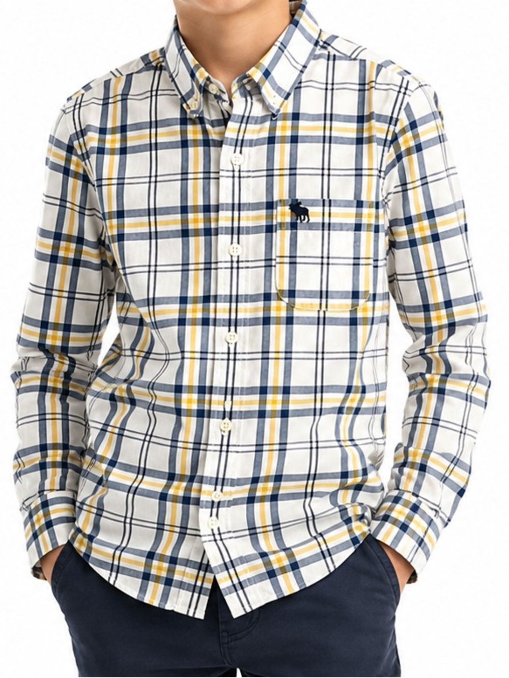 Abercrombie Kids Plaid Button Down Shirt Boys 11/12 Navy Yellow Preppy